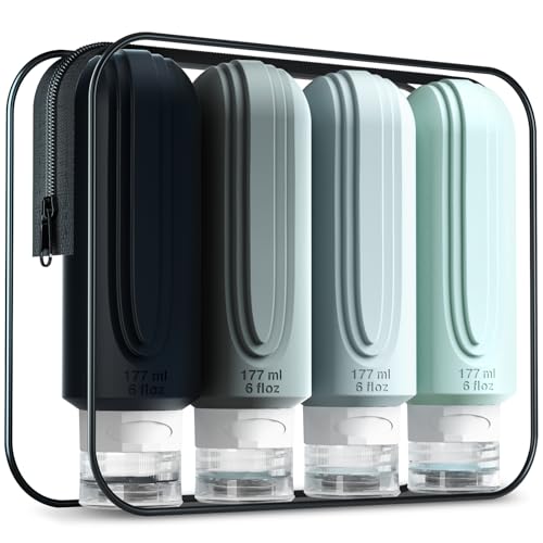 Mrsdry Travel Bottles for Toiletries Large 6oz Oversize Containers BPA Free Leak Proof Tubs Refillable Liquid Traveler Accessories with Toiletry Bag for Cometic Shampoo and Lotion Soap (4 Pack)