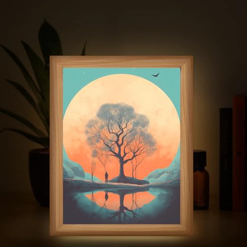 Light Up Painting, Tree of Life Wall Art Picture Light Sunset Tree Light Up Desktop Art Frame, 10 Brightness, USB Powered, 3 Lighting Modes, Anxiety Relief Gift for Bedroom Home-Without Acrylic Panel