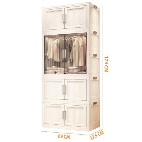 Image of Plastic Wardrobe for Kids Clothes - 4 Door Foldable Cupboard for Bedroom, Baby Clothes Storage Almirah with Doors, Collapsible Wardrobe Kids for Home (White 713)