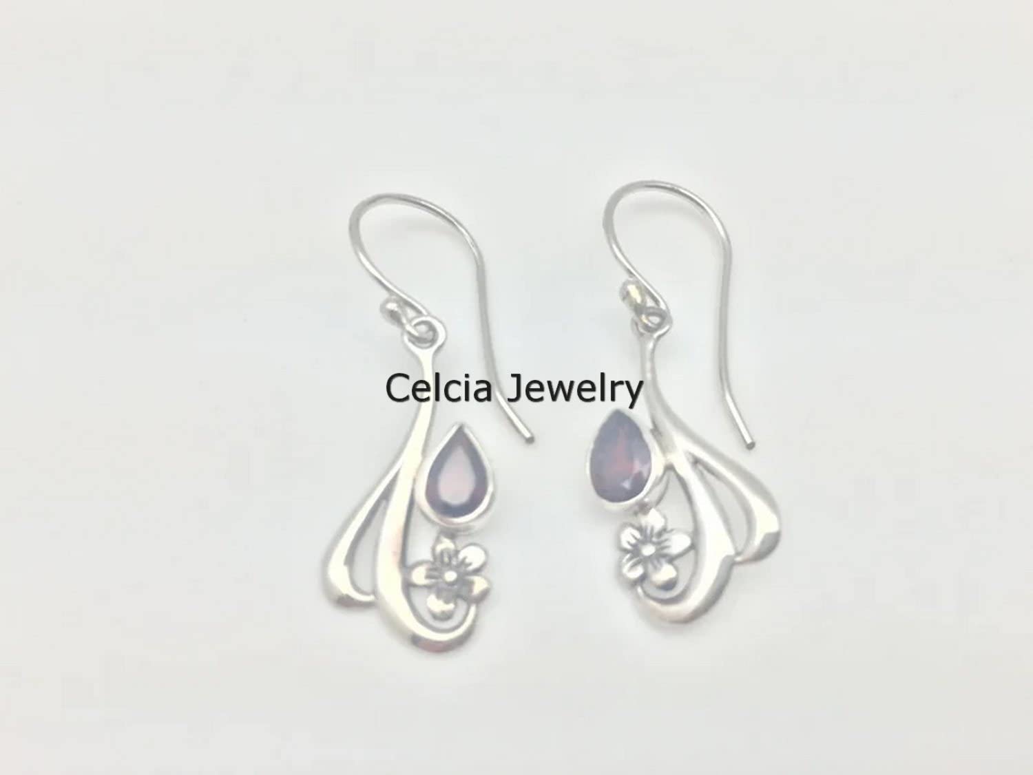 Pendientes colgantes de lágrima con flor de plata de ley 925 pura para mujer, pera, granate, piedra preciosa genuina, hechos a mano únicos, regalos de piedra natal de enero