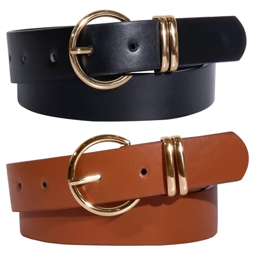 2 Pack Women Belts For Jeans Dresses Pants Fashion Ladies Leather Waist Belts for Women with Gold Buckle