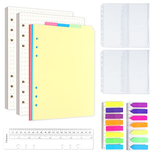 Juego de Notebook A5 Recargable, Papel de Punto 160 Hojas/320 Páginas para Agenda Filofax Bullet,5 Divisores de Color A5 de Tema,4 Bolsillos Carpetas y 1 Regla de Escala