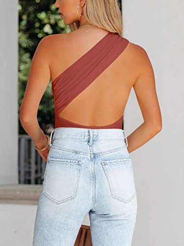 Adreamly Women's Sexy One Shoulder Backless Bodysuit Double Lined Slim Fit Thong Body Suit Basic Jumpsuit Tops Rusty Red Large #TOP4