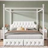 SOFTSEA Queen Size Canopy Bed Frame with Storage, Metal Upholstered Canopy Bed Frame with 2 Drawer, Four-Poster Metal Platform Bed with Upholstered Headboard, White