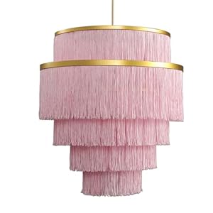 5-Tiered Pink Chandelier with Metal and Fringe,3 Lights Boho Chandelier Fringe Pendant Light Fixture,Tassle Chandelier for entryway,Dining Room,Baby Nursery,Gold and Pink