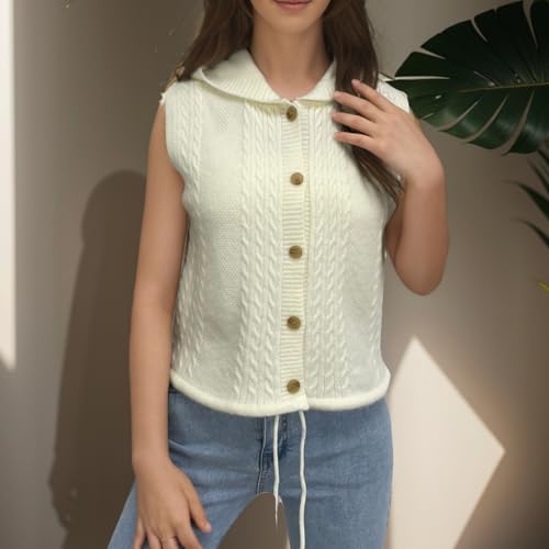 Image of Velius Women Knit Button Down Drawstring Sweater Vest Crop Top with Hood