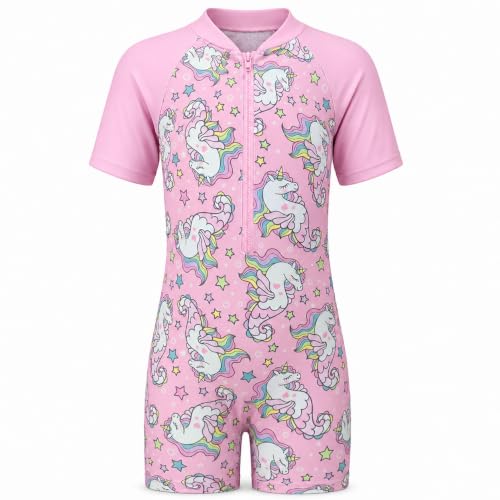 Image of Fjquamitix One Piece Girls Swimming Costume Rash Guard Kids Wetsuit Short Sleeve UV Protect Swimming Suit for Girls Zip Front Quick Dry Swim Suit (UK, Age, 5 Years, 6 Years, Regular, Seahorse-Pink)