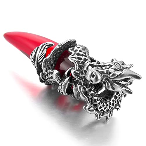 Inblue Dragon Wolf Tooth Pendant For Men Boys Women Stainless Steel Cool Necklaces Simulate Crystal Gemstone Boyfriend Gifts Jewelry With 23 Inches Chain (Dragon, Red) #TOP1
