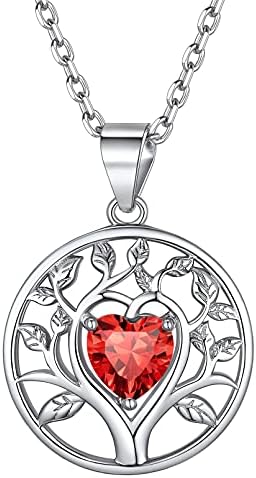 925 Sterling Silver Tree of Life Heart Birthstone Necklace for Women Simulated Birth Gemstone Jewelry(Gift Wrapped)
