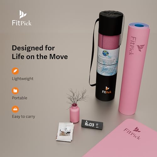 Image of FIT PICK Pro Yoga Mat for Women & Men | High Density TPE Yoga Mat with 6mm Cushion | Non-Toxic, Sweat-Resistant & Double Sided Anti-Slip Exercise Mat | Lightweight & Portable with Carry Bag (Pink Sapphire)
