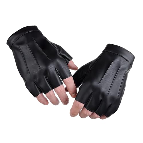 Teuena Fingerless Leather Gloves, PU Half Finger Driving Gloves with Soft Lining for Unisex Men and Women, Outdoor Sport Mittens for Riding, Cycling Motorbike, Driving, Hiking - Black