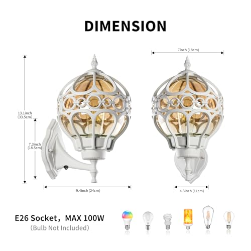 Dusk to Dawn Globe Outdoor Wall Lights, White Porch Light, Aluminum Waterproof Exterior Lighting Fixtures Wall Mount, Sphere Outside House Sconces Lantern with Amber Glass for Patio Garage Doorway
