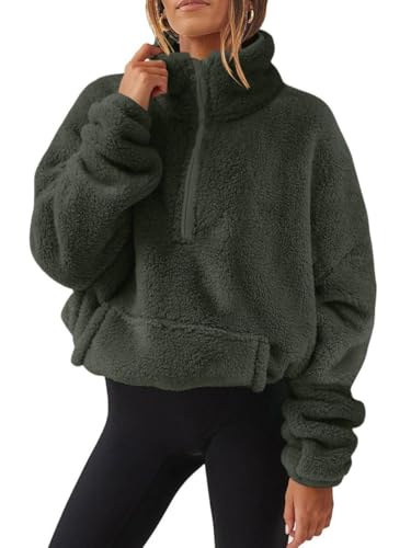 Joligiao - Joligiao Sweatshirt Femme Polaire 1/4 Zippé Pull Manches Longues Femme Hiver Pulls Chaud Sweat-Shirt avec Poche Streetwear Sport Tops Élégant Casual Pullover Automne Hiver(Vert armée,L) - -8%