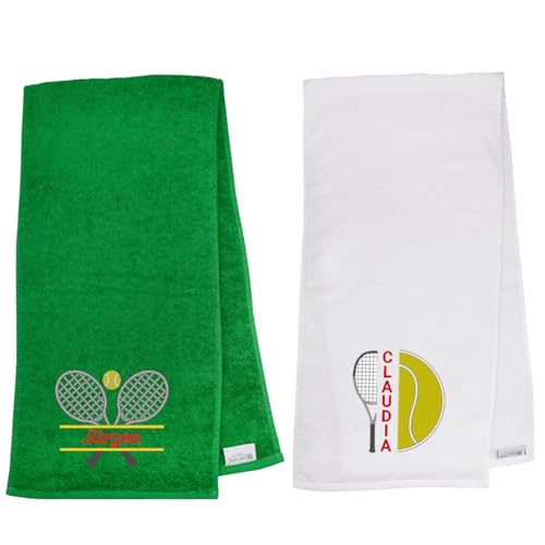 Personalisiertes Tennishandtuch mit Split-Motiv & Name – bestickt – 100 % Baumwolle – 30x130 cm – Tennis Geschenk – Handtuch mit Aufhängeschlaufe