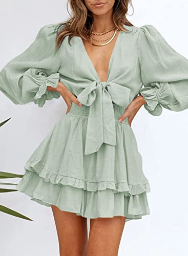Image of AlvaQ Womens Spring Summer Knot Front V Neck Ruffles Long Sleeve Floral Print Swing Mini Dress, Medium