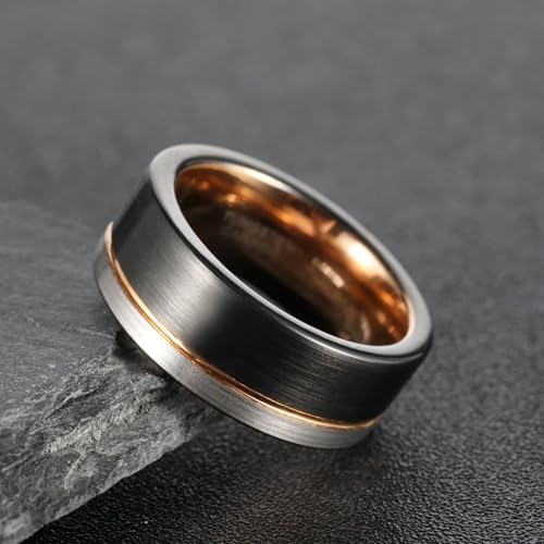 Bague mariage homme carbure de tungstène 8mm tricolore noir et or rose, haute résistance anti-rayures - 3