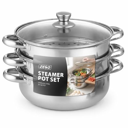 ZENO 28CM Steamer Pot | Cooking Pots | Food Vegetable Steamer | Stainless Steel Pot | Great For Vegetables Seafood Meat Cooker | Cooking Kitchen Pan Set | Large Metal Cooking Pots