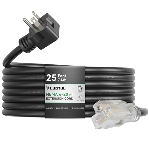 PLUGTUL NEMA 6-20 Extension Cord 25FT, Heavy Duty Extension Cord with Lighted Outlet, 20A/250V, 12Gauge SJTW, ETL Listed, 6-20P to 6-20R (T Blade Female Adapter) - Black