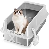 OneBug Extra Large Stainless Steel High Sides Cat Litter Box with Scoop, XL 23'X15'X10.3' Metal Odor Resistant Nonstick Easy Clean Kitty Litterbox, Gray