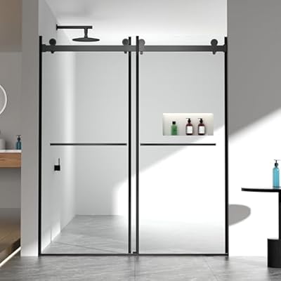 56-60" W x 70" H Frameless Shower Doors, Double Sliding Glass Door with 5/16" (8mm) Clear SGCC Laminated Tempered Glass, Soft Close & Anti-Jumping System, Stainless Steel, Aluminum, Matte Black