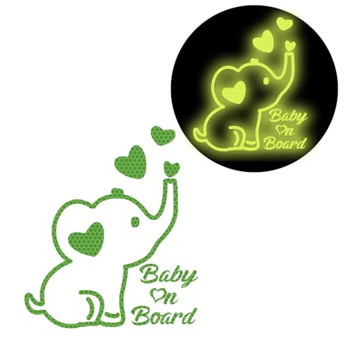 Image of High Intensity Reflective Baby on Board Car Decal Cartoon Cute Elephant Kids on Board Car Sticker Waterproof Safety Warning Decal Baby in Car Sticker (Fluorescent Green)
