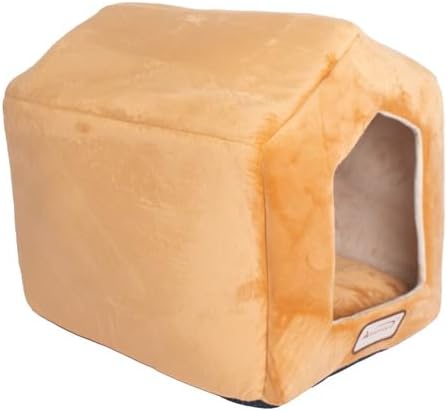 HomeStock Velvet Cat Bed House - Skid-Free Base, Removable Padding - Beige & Brown - Soft Polyfill Filling