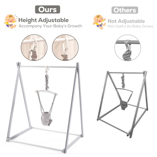 Image of FUNLIO Montessori Wooden Baby Jumper with Stand for 6-36 Months, Adjustable Baby Bouncer for Indoor /Outdoor Play, Foldable Toddler Jumper for Baby Girl /Boy, Easy to Assemble & Store - Grey