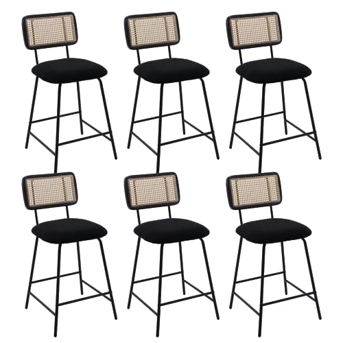 Image of Bar Stools Set of 6, 26 inch Modern Rattan Counter Height Bar Stools with Metal Legs, Upholstered Sherpa Barstools with Cane Backrest for Kitchen Home Bar Restaurant, Black