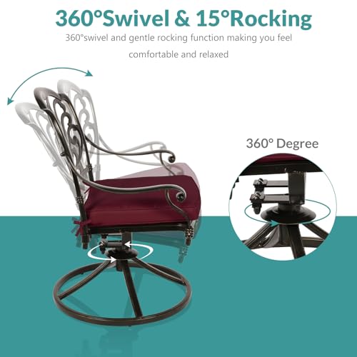 Image of MEETWARM 7-Piece Outdoor Patio Dining Set, All-Weather Cast Aluminum Patio Conversation Set with 2 Swivel Rocker Chairs, 4 Stationary, 1 Rectangular Table, 6 Cushions, 2 inch Umbrella Hole, Chili Red