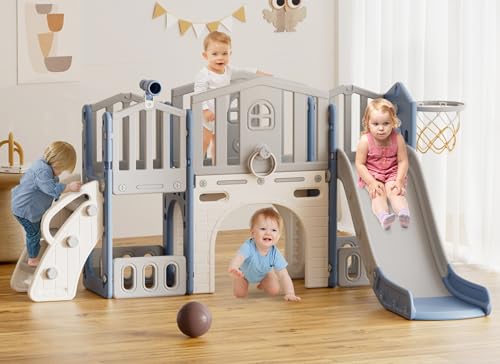 XJD 9 in 1 Toddler Slide Set, Kids Slide for Toddlers Age 1+, Toddler Climber Slide PlaySet with Basketball Hoop and Ball,Outdoor Indoor Playground for Toddlers 1-3 (Blue)