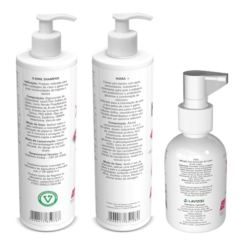 Kit Pro Skin Lavizoo Shampoo X Dine 500ml + Creme Pós Banho Hidra 400g + X Dine Spray 100ml Clorexid