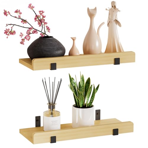 Yorbay Juego de 2 estantes de pared de madera: 40 cm, para marcos de fotos y decoraciones, tarros de especias – Estantería flotante para salón, dormitorio, baño, estudio, color beige