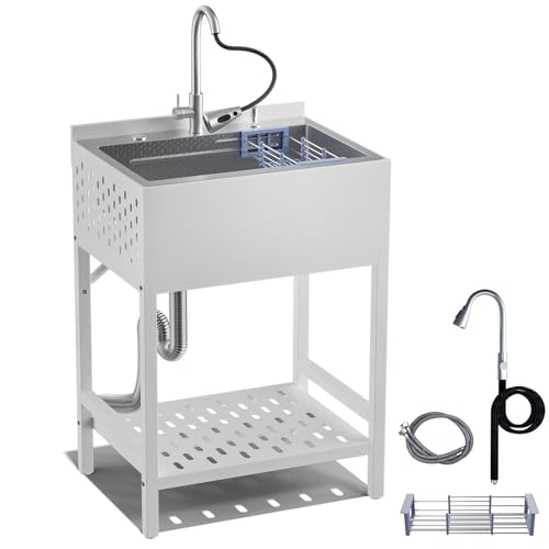 24 Inch Stainless Steel Utility Sink, Freestanding Commercial Sink with Pull-out Faucet,Heavy Duty Single Bowl Laundry Sinks for Garage,Kitchen,Outdoor, 24.21"L x 18.66"W x 35.04"H,White by PURRPAXZ - Used condition - US$195.72