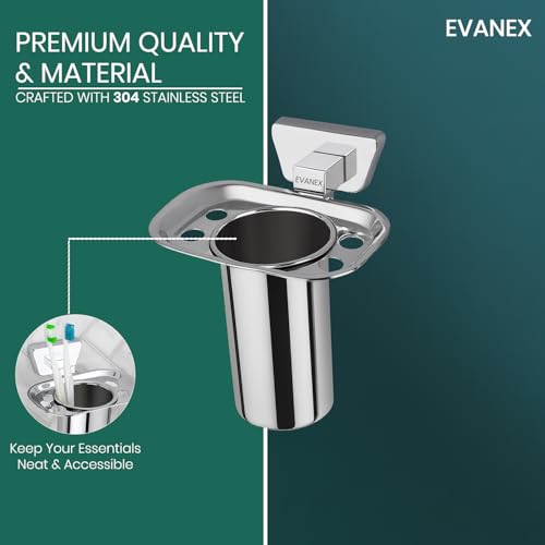 Image of EVANEX Wall-Mounted Tooth Brush Holder, 304 Grade Stainless Steel Tumbler Stand, Bathroom Organizer with Glossy & Chrome Finish Stand with Removable Cup (Aquarius)