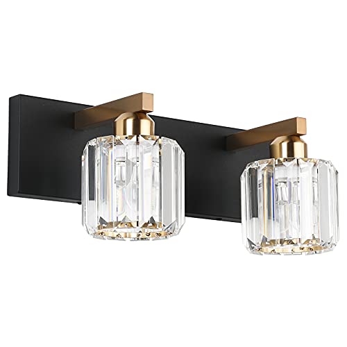 Image of Aipsun Vanity Lighting Fixtures for Bathroom Matte Black Vanity Lights Fixtures Crystal 2 Lights Wall Light Fixture Over Mirror(Exclude Bulb)