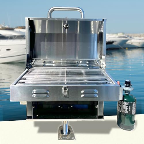 Bunker Up Fishin Stainless Steel Boat Grill with Rod Holder Mount - Great for Boating Marine and Camping - Portable BBQ Grill | Tabletop Grill, 12000 BTU Burner, 246 sq.in Grilling Space by Bunker Up Fishin' - Used condition - US$320.64