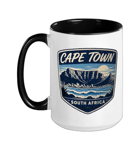 Cape Town South Africa Vintage Travel Badge Ceramic Mug, Black/White, 15oz