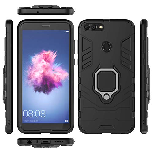QiongNi Case for Huawei P Smart FIG-L03 FIG-LX1 FIG-L21 FIG-LX2 FIG-L22 FIG-LX3 FIG-L23 / Vodafone P Smart Case Cover,360 Degree Rotating Ring Holder Kickstand with Magnetic Car Mount Black