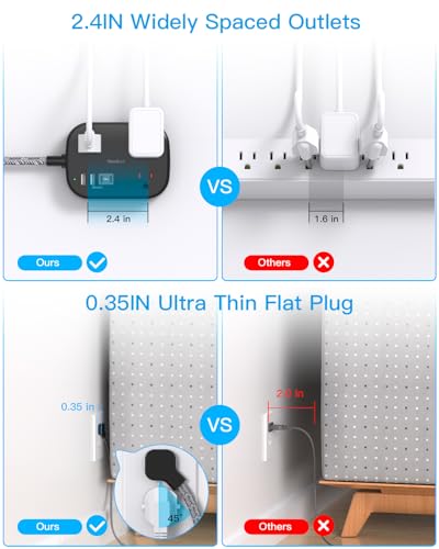 One Beat Cruise Ship Essentials,Travel Power Strip with USB C,Flat Plug Extension Cord with 3 Outlets 4 USB Ports(2 USB C),5 ft Desk Wall Outlet Extender,Non Surge Protector for Cruise,Dorm, Black