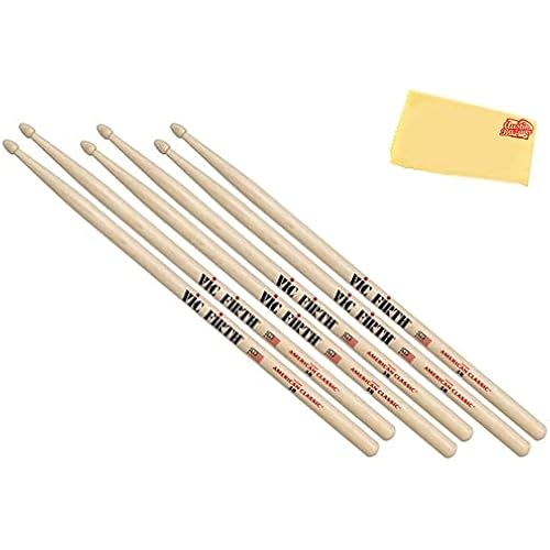Vic Firth American Classic 5B Drumsticks - 3-Pack Bundle with Austin Bazaar Polishing Cloth
