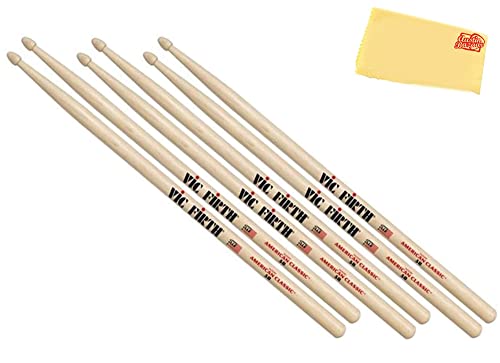 Vic Firth American Classic 5B Drumsticks - 3-Pack Bundle with Austin Bazaar Polishing Cloth