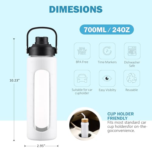 Image of 24 oz Glass Water Bottle with Straw - 2 Lids (Bamboo & Spout Lid), Motivational Borosilicate Glass Daily Water Intake Bottle with Time Marker, Silicone Sleeve for Gym Home Office-White
