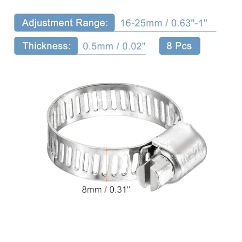 uxcell 8 Pcs Hose Clamps, Stainless Steel 5/8\"- 1\"(16-25mm) Adjustable Worm Gear Drive Hose Clamps Pipe Clamp for Plumbing Dishwasher Automotive Washing Machine, Silver