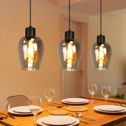 Lichtmaler Suspension Noire 3 Luminaires - Lustre Industriel Vintage avec Verre Fumé pour Îlot de Cuisine Lampe Pendante E27 pour Salle à Manger Salon Escalier, Sans...