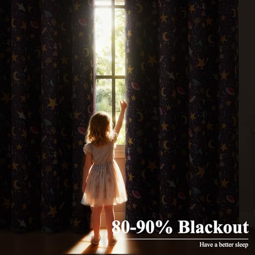 Image of Star Moon Unicorn Purple Blackout Kids Curtains 63 Inch for Girls Bedroom | Estelar Textiler Rainbow Planet Light Blocking Curtains,Grommet Thermal Insulated Drapes for Nursery,2 Panels,52Wx63L Inch