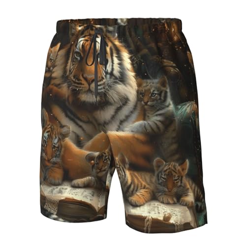 Men's Quick Dry Swim Shorts Tiger Magical Books Mystical Fantasy Animal Beautiful Beach Trunks with Pockets4