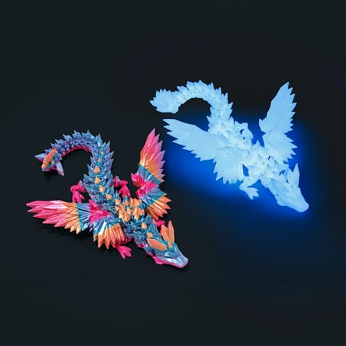 Image of 2 Pack 3D Printed Dragon with Wings - 9 inch Flying Dragon, Flexible Articulated Winged Animal, Office Desk Pet Toy, Home Decor, Easter Basket Stuffers (Candy Rainbow+ Glow Blue)