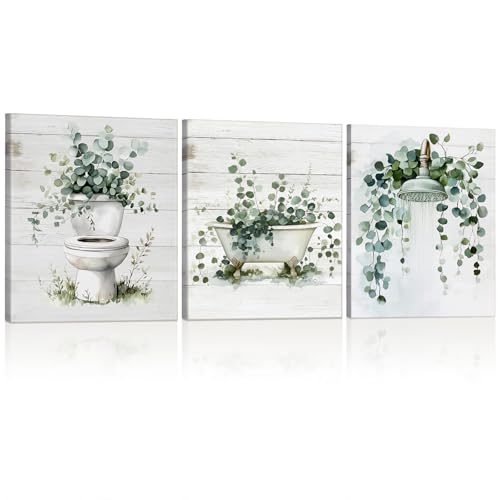 Dunzoom 3 Pcs Vintage Framed Eucalyptus Herb Bathroom Wall Rustic