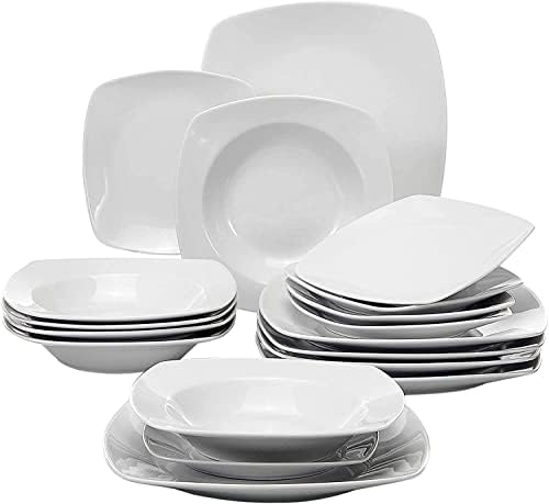 MALACASA Dinner Sets, 26-Piece Ivory White Porcelain Plates and Bowls Set with 6-Piece Dinner Plate/Soup Plate/Side Plate/Bowl and 2 Serving Platters, Square Dinnerware Set Service for 6, Series Flora