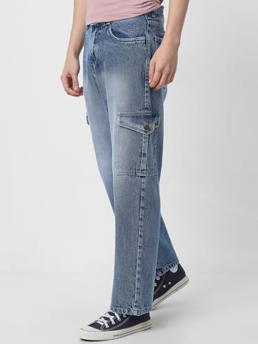 Image of Neostreak Men's Loose Baggy Fit Washed Cargo Jeans with 6 Pockets Non-Stretchable